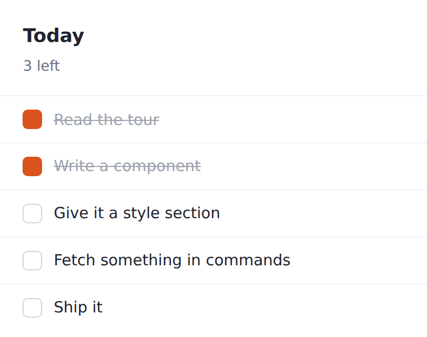 A task list rendered by star-burxt: a
           heading, a count, and five rows with checkboxes, two of them completed.